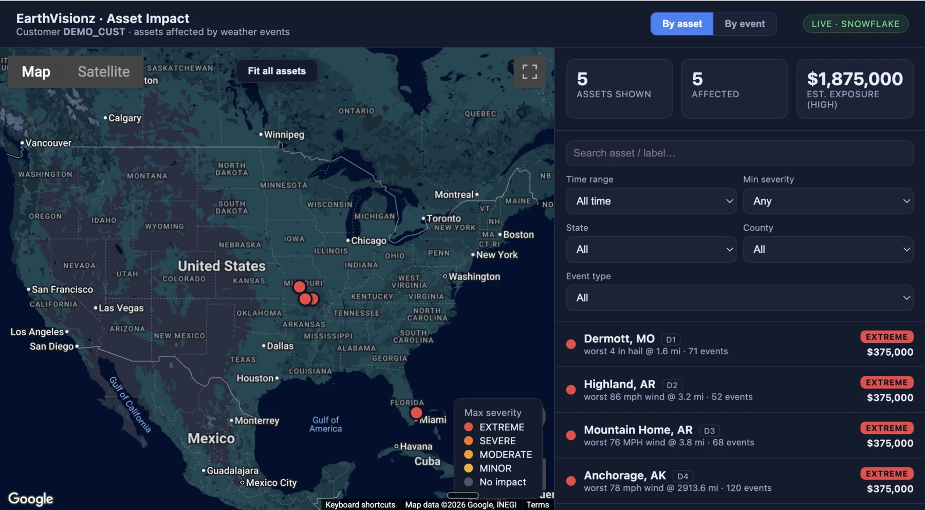 Earthvisionz Asset Impact — portfolio assets mapped against live weather events on Snowflake, ranked by severity and exposure