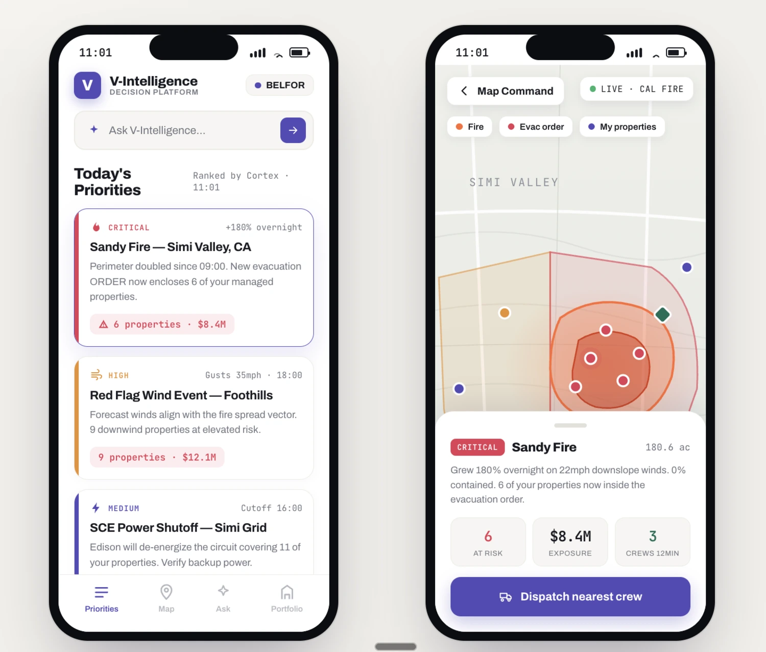 V-Intelligence mobile — Today's Priorities and live Map Command center