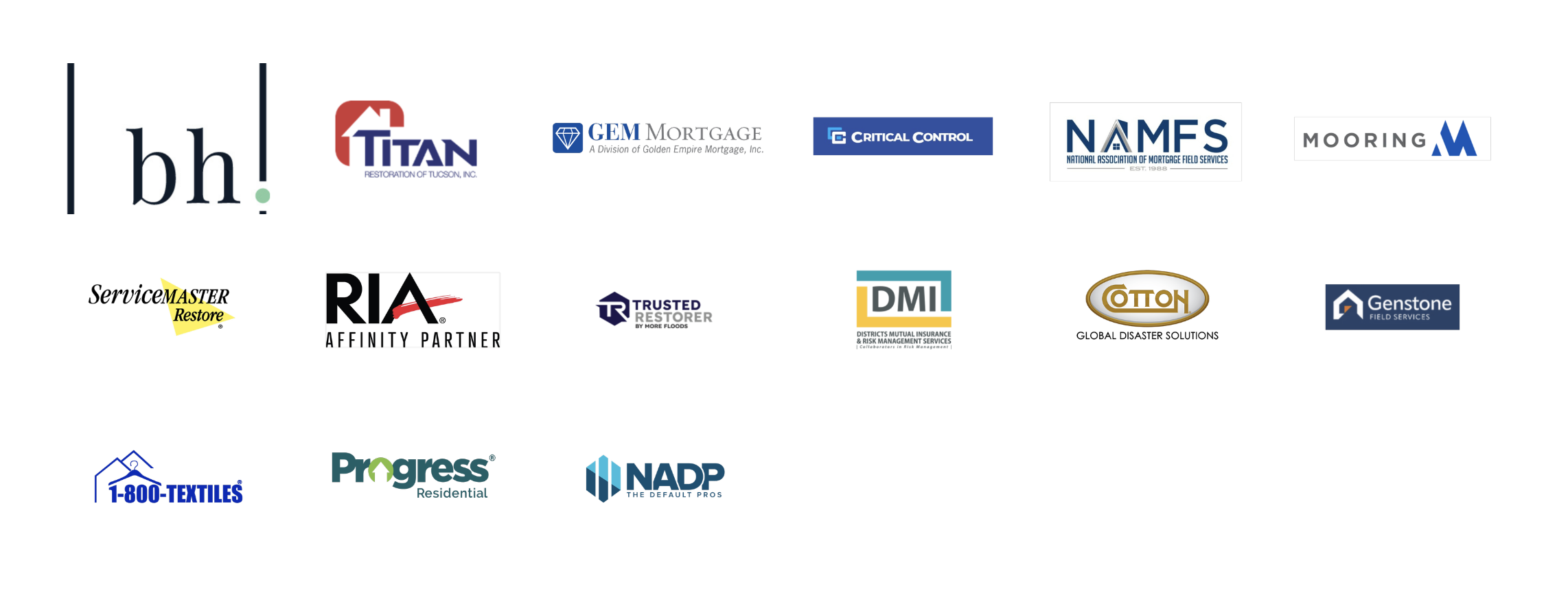 Earthvisionz partners and clients — bh!, Titan Restoration, GEM Mortgage, Critical Control, NAMFS, Mooring, ServiceMaster Restore, RIA, Trusted Restorer, DMI, Cotton Global Disaster Solutions, Genstone Field Services, 1-800-Textiles, Progress Residential, and NADP