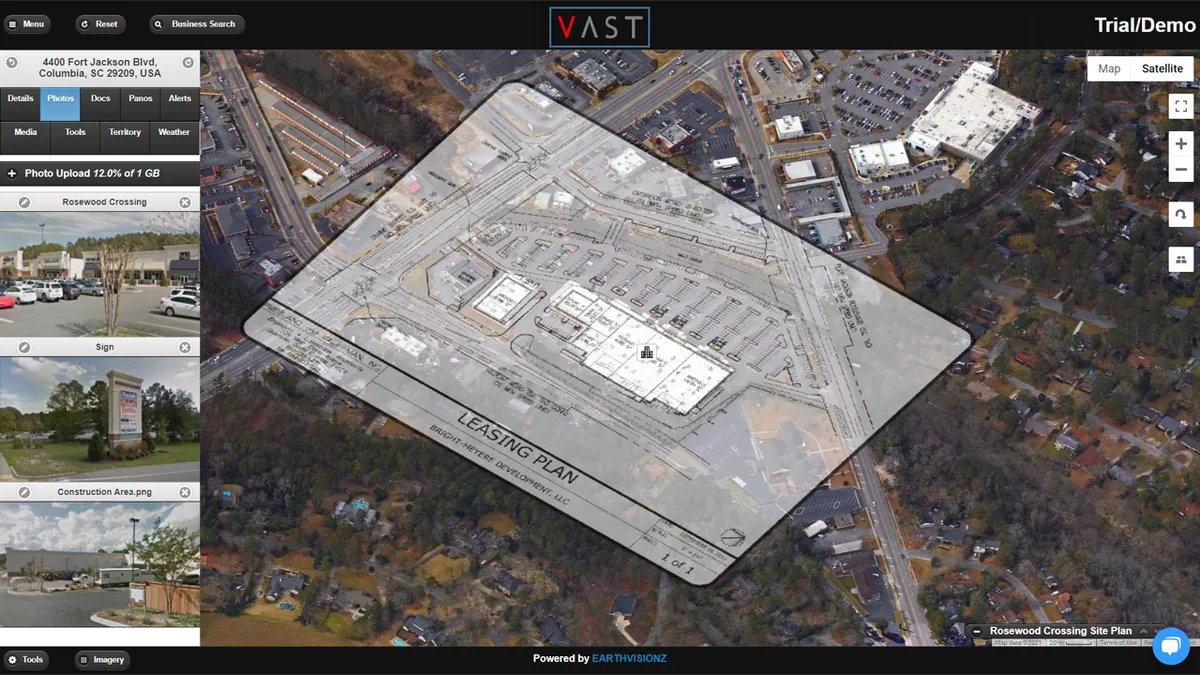 VAST on a map: a site plan laid over aerial imagery of a shopping center, with photos of the site